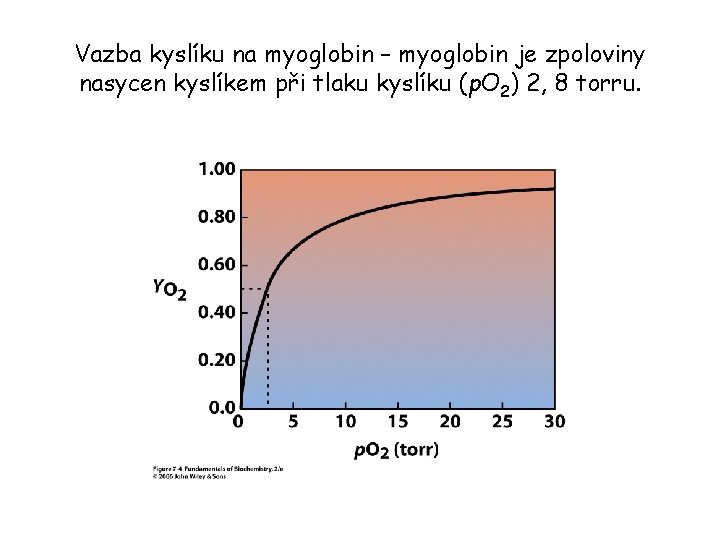 Vazba kyslíku na myoglobin – myoglobin je zpoloviny nasycen kyslíkem při tlaku kyslíku (p.