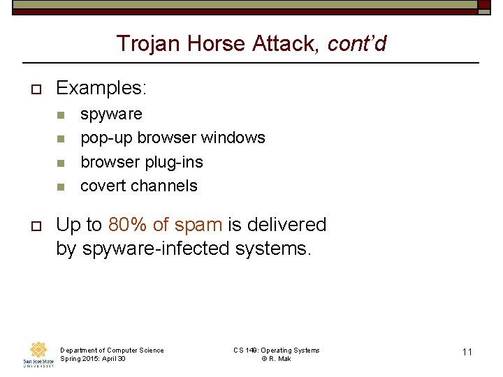Trojan Horse Attack, cont’d o Examples: n n o spyware pop-up browser windows browser Trojan Horse Attack, cont’d o Examples: n n o spyware pop-up browser windows browser