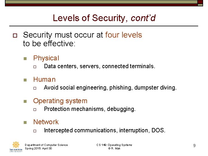Levels of Security, cont’d o Security must occur at four levels to be effective: Levels of Security, cont’d o Security must occur at four levels to be effective: