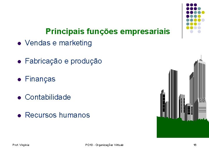 Principais funções empresariais l Vendas e marketing l Fabricação e produção l Finanças l