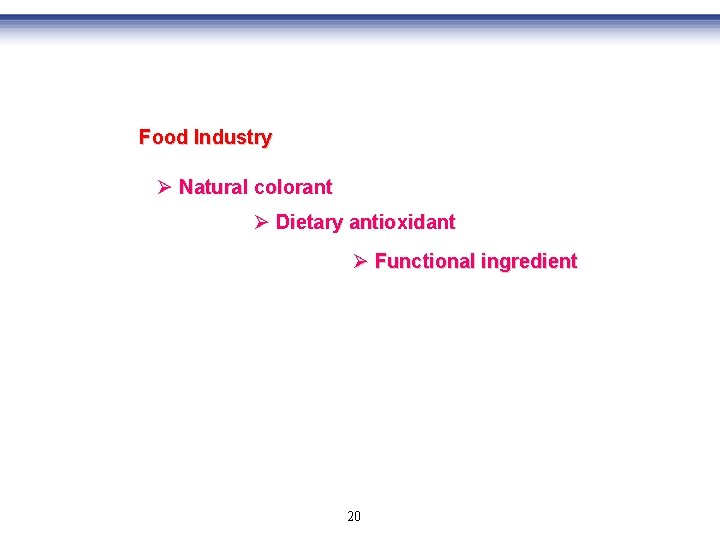 Food Industry Ø Natural colorant Ø Dietary antioxidant Ø Functional ingredient 20 