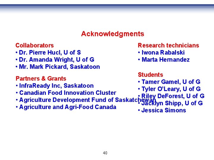 Acknowledgments Collaborators • Dr. Pierre Hucl, U of S • Dr. Amanda Wright, U