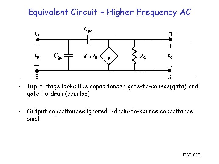 Equivalent Circuit – Higher Frequency AC • Input stage looks like capacitances gate-to-source(gate) and