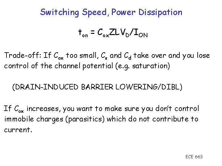 Switching Speed, Power Dissipation ton = Cox. ZLVD/ION Trade-off: If Cox too small, Cs