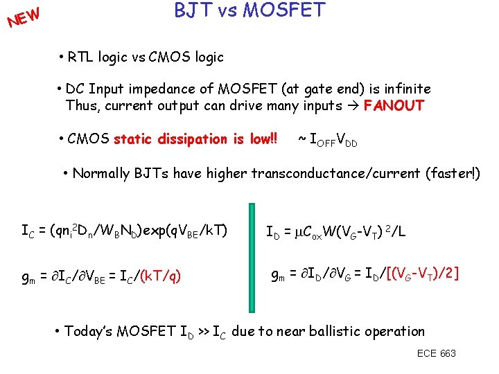 NEW BJT vs MOSFET • RTL logic vs CMOS logic • DC Input impedance