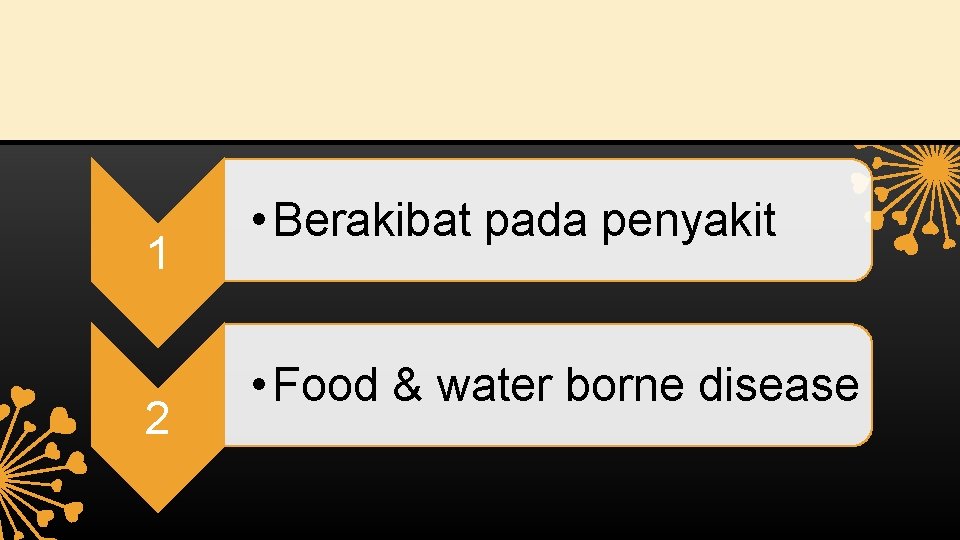 1 2 • Berakibat pada penyakit • Food & water borne disease 