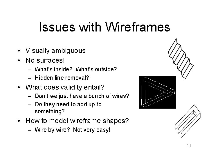 Issues with Wireframes • Visually ambiguous • No surfaces! – What’s inside? What’s outside?