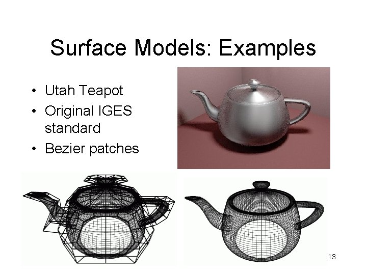 Surface Models: Examples • Utah Teapot • Original IGES standard • Bezier patches 13