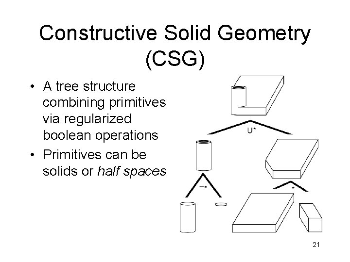 Constructive Solid Geometry (CSG) • A tree structure combining primitives via regularized boolean operations