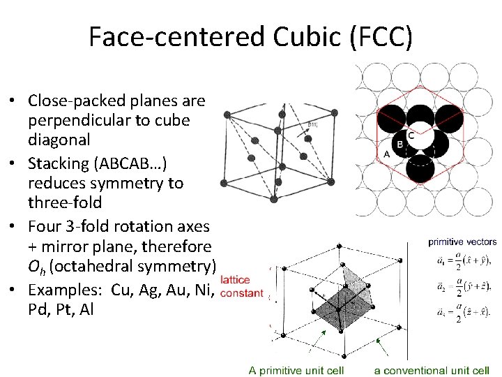 Face-centered Cubic (FCC) • Close-packed planes are perpendicular to cube diagonal • Stacking (ABCAB…)