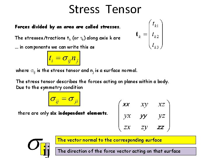 Stress Tensor Forces divided by an area are called stresses. The stresses/tractions tk (or