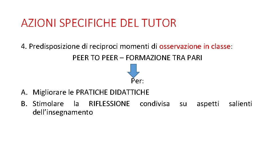 AZIONI SPECIFICHE DEL TUTOR 4. Predisposizione di reciproci momenti di osservazione in classe: osservazione