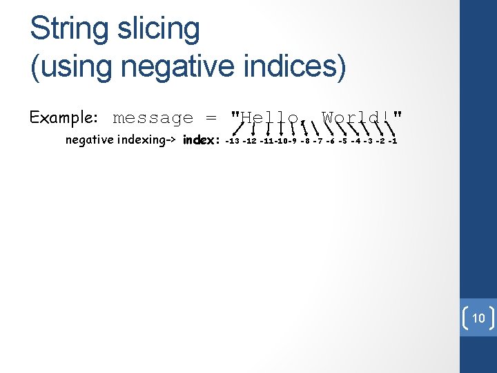 String slicing (using negative indices) Example: message = "Hello, World!" negative indexing-> index: -13