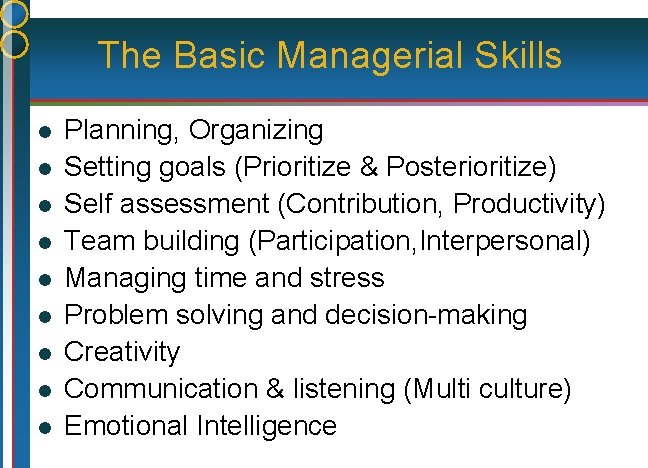 The Basic Managerial Skills l l l l l Planning, Organizing Setting goals (Prioritize