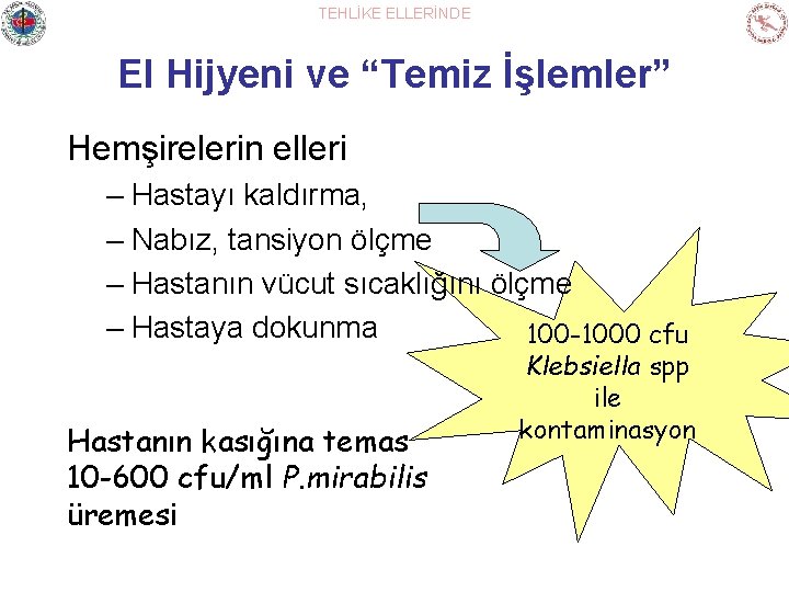 TEHLİKE ELLERİNDE El Hijyeni ve “Temiz İşlemler” Hemşirelerin elleri – Hastayı kaldırma, – Nabız,