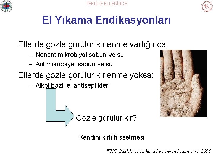 TEHLİKE ELLERİNDE El Yıkama Endikasyonları Ellerde gözle görülür kirlenme varlığında, – Nonantimikrobiyal sabun ve