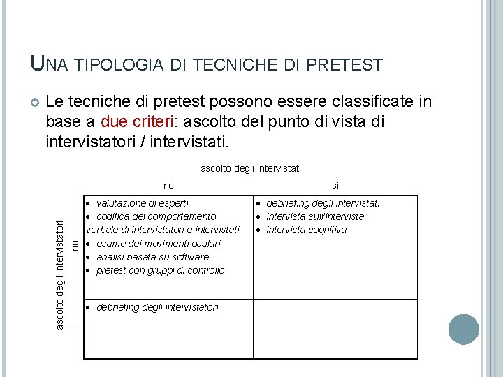 UNA TIPOLOGIA DI TECNICHE DI PRETEST Le tecniche di pretest possono essere classificate in