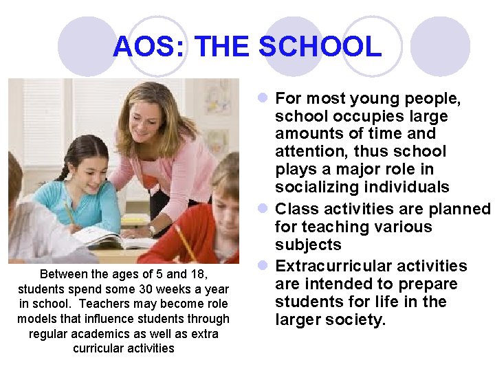 AOS: THE SCHOOL Between the ages of 5 and 18, students spend some 30