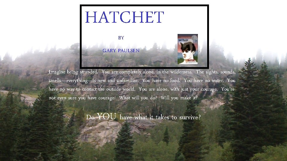 HATCHET BY GARY PAULSEN Imagine being stranded. You are completely alone, in the wilderness.