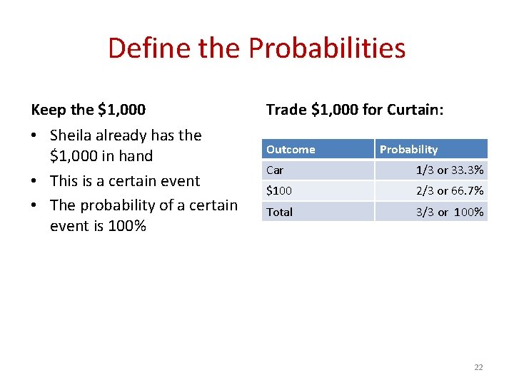 Define the Probabilities Keep the $1, 000 • Sheila already has the $1, 000