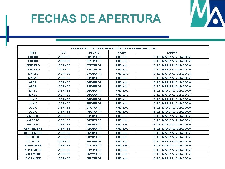 FECHAS DE APERTURA MES ENERO FEBRERO MARZO ABRIL MAYO JUNIO JULIO AGOSTO SEPTIEMBRE OCTUBRE FECHAS DE APERTURA MES ENERO FEBRERO MARZO ABRIL MAYO JUNIO JULIO AGOSTO SEPTIEMBRE OCTUBRE