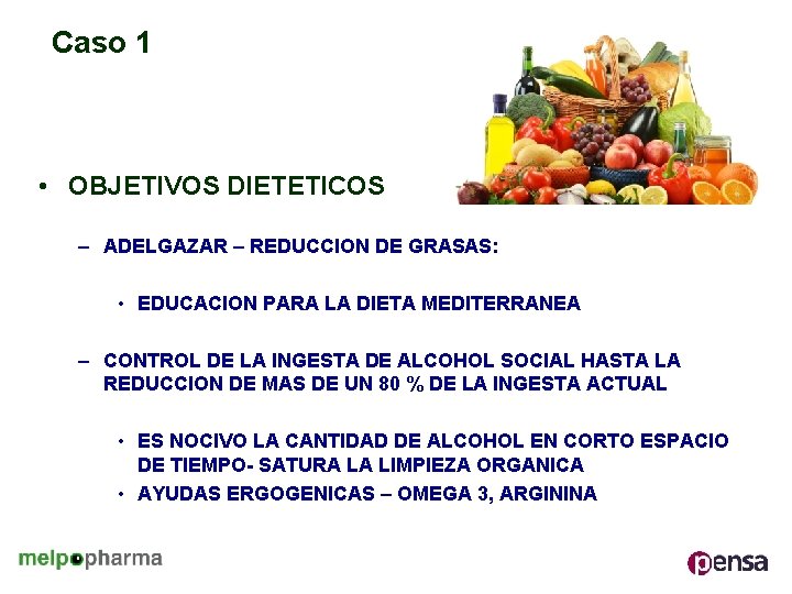 Caso 1 • OBJETIVOS DIETETICOS – ADELGAZAR – REDUCCION DE GRASAS: • EDUCACION PARA