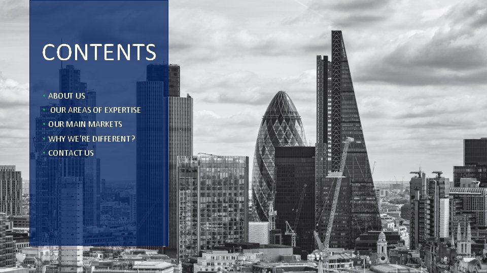 CONTENTS • ABOUT US • OUR AREAS OF EXPERTISE • OUR MAIN MARKETS •