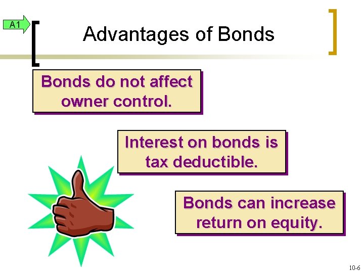 A 1 Advantages of Bonds do not affect owner control. Interest on bonds is