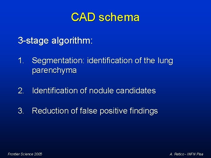 CAD schema 3 -stage algorithm: 1. Segmentation: identification of the lung parenchyma 2. Identification CAD schema 3 -stage algorithm: 1. Segmentation: identification of the lung parenchyma 2. Identification