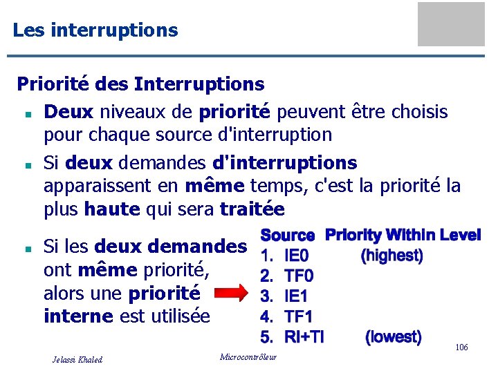 Les interruptions Priorité des Interruptions n Deux niveaux de priorité peuvent être choisis pour