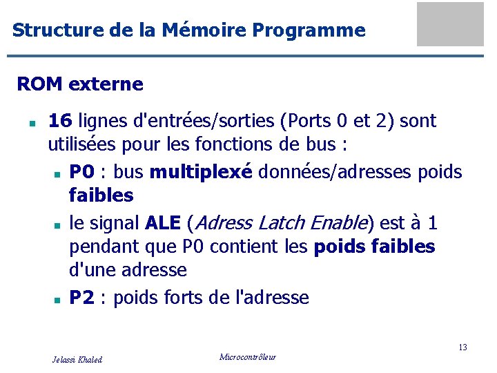 Structure de la Mémoire Programme ROM externe n 16 lignes d'entrées/sorties (Ports 0 et