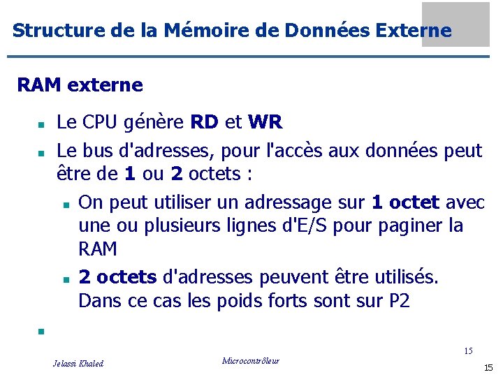 Structure de la Mémoire de Données Externe RAM externe n n n Le CPU