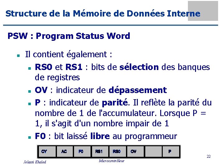 Structure de la Mémoire de Données Interne PSW : Program Status Word n Il