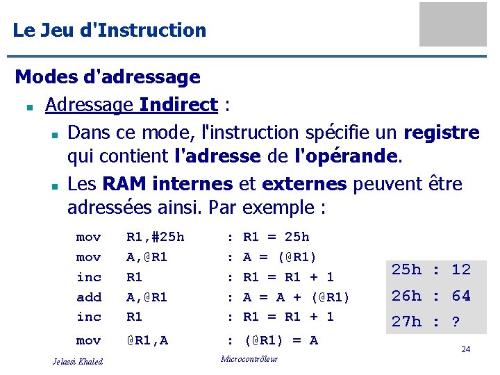 Le Jeu d'Instruction Modes d'adressage n Adressage Indirect : n Dans ce mode, l'instruction Le Jeu d'Instruction Modes d'adressage n Adressage Indirect : n Dans ce mode, l'instruction