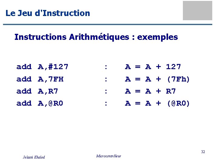 Le Jeu d'Instructions Arithmétiques : exemples add add A, #127 A, 7 FH A,