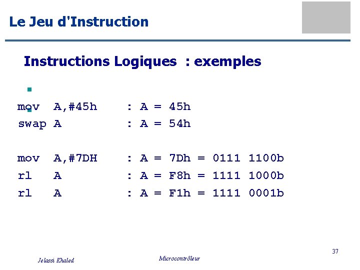 Le Jeu d'Instructions Logiques : exemples mov n A, #45 h n swap A