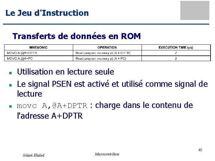 Le Jeu d'Instruction Transferts de données en ROM n n n Utilisation en lecture