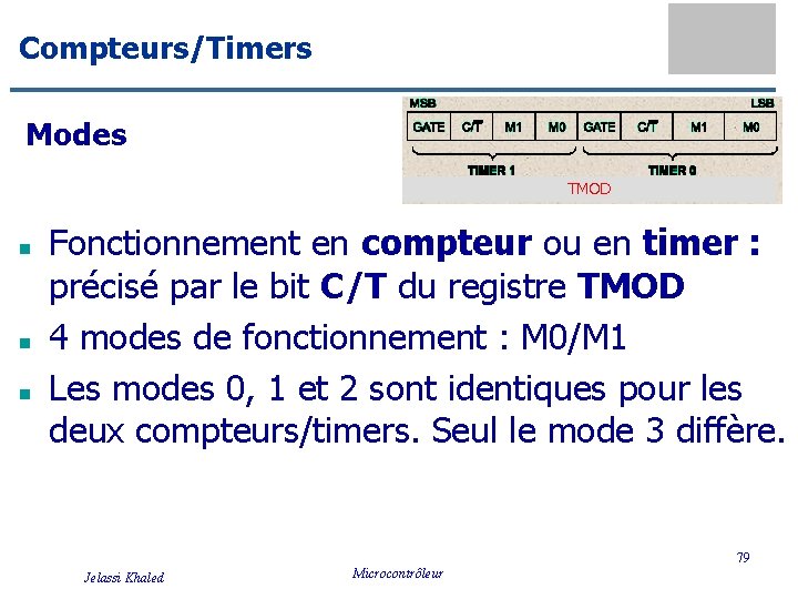 Compteurs/Timers Modes TMOD n n n Fonctionnement en compteur ou en timer : précisé