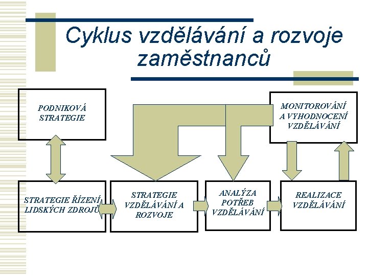 Cyklus vzdělávání a rozvoje zaměstnanců MONITOROVÁNÍ A VYHODNOCENÍ VZDĚLÁVÁNÍ PODNIKOVÁ STRATEGIE ŘÍZENÍ LIDSKÝCH ZDROJŮ