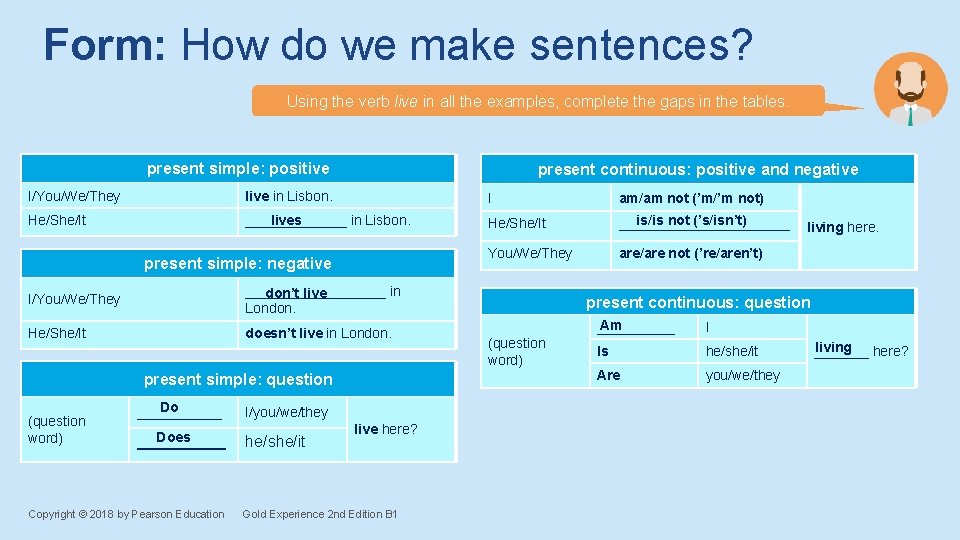 Form: How do we make sentences? Using the verb live in all the examples, Form: How do we make sentences? Using the verb live in all the examples,