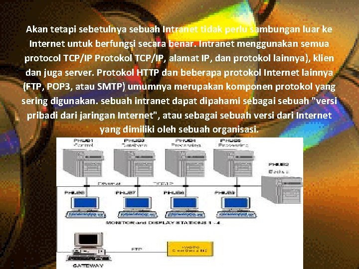 Akan tetapi sebetulnya sebuah Intranet tidak perlu sambungan luar ke Internet untuk berfungsi secara