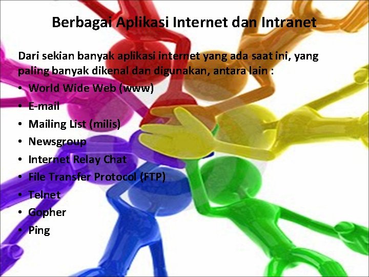 Berbagai Aplikasi Internet dan Intranet Dari sekian banyak aplikasi internet yang ada saat ini,