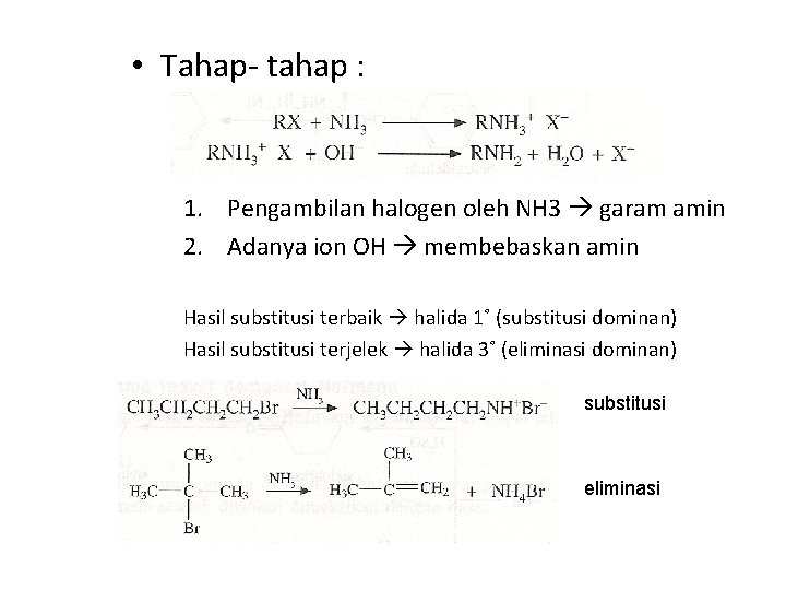  • Tahap- tahap : 1. Pengambilan halogen oleh NH 3 garam amin 2.