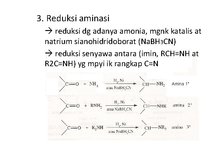 3. Reduksi aminasi reduksi dg adanya amonia, mgnk katalis at natrium sianohidridoborat (Na. BH