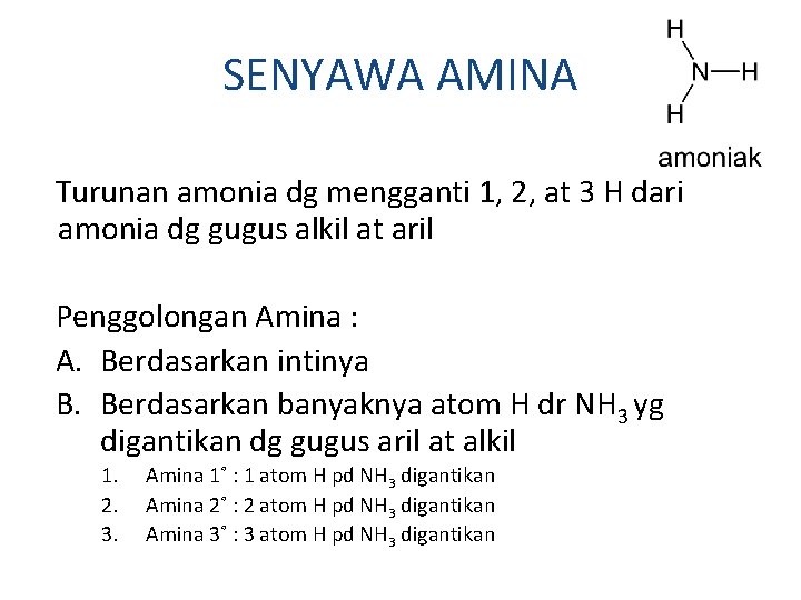 SENYAWA AMINA Turunan amonia dg mengganti 1, 2, at 3 H dari amonia dg