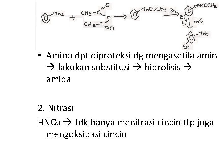  • Amino dpt diproteksi dg mengasetila amin lakukan substitusi hidrolisis amida 2. Nitrasi