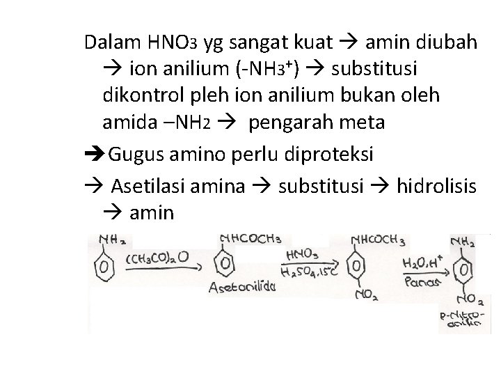 Dalam HNO 3 yg sangat kuat amin diubah ion anilium (-NH 3+) substitusi dikontrol