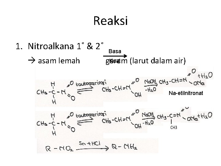 Reaksi 1. Nitroalkana 1˚ & 2˚ asam lemah Basa Kuat garam (larut dalam air)