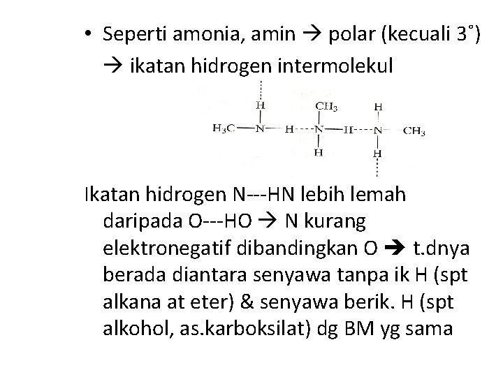  • Seperti amonia, amin polar (kecuali 3˚) ikatan hidrogen intermolekul Ikatan hidrogen N---HN
