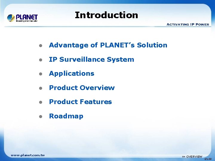 Introduction l Advantage of PLANET’s Solution l IP Surveillance System l Applications l Product